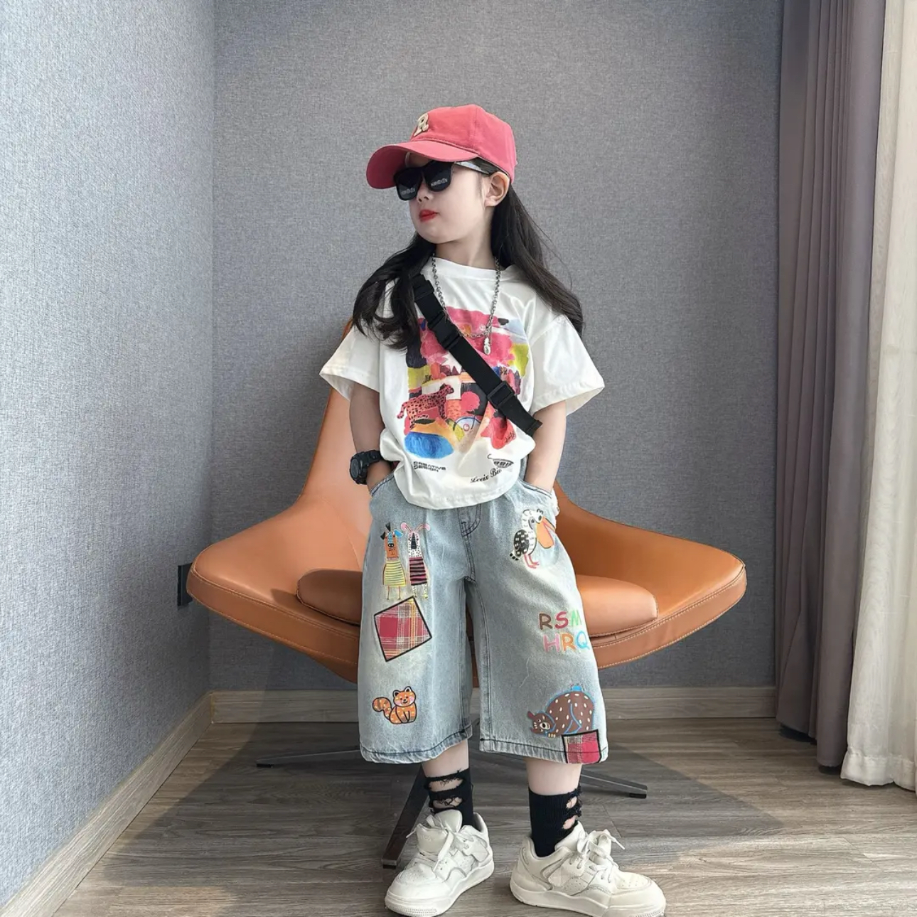 女童夏季宽松百搭印花短袖时髦设计感洋气涂鸦牛仔七分裤潮酷套装