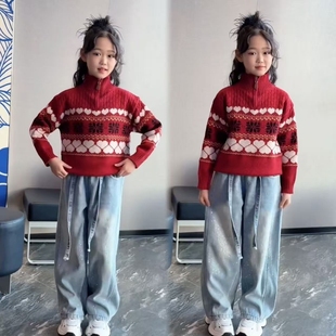 女童韩版时尚半拉链高领超好看提花红色毛衣烫钻满天星牛仔裤套装