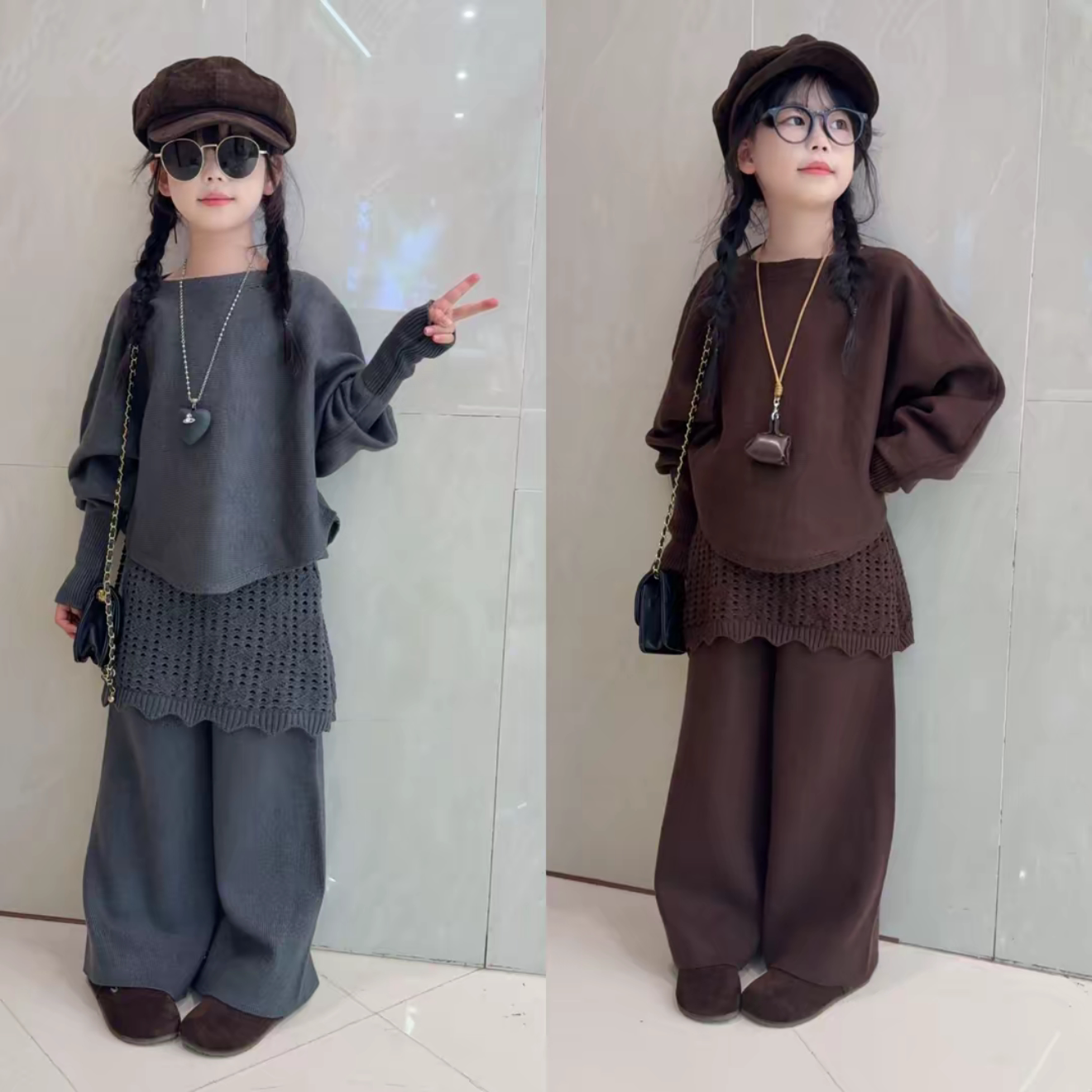 女童针织上衣屁帘阔腿裤套装