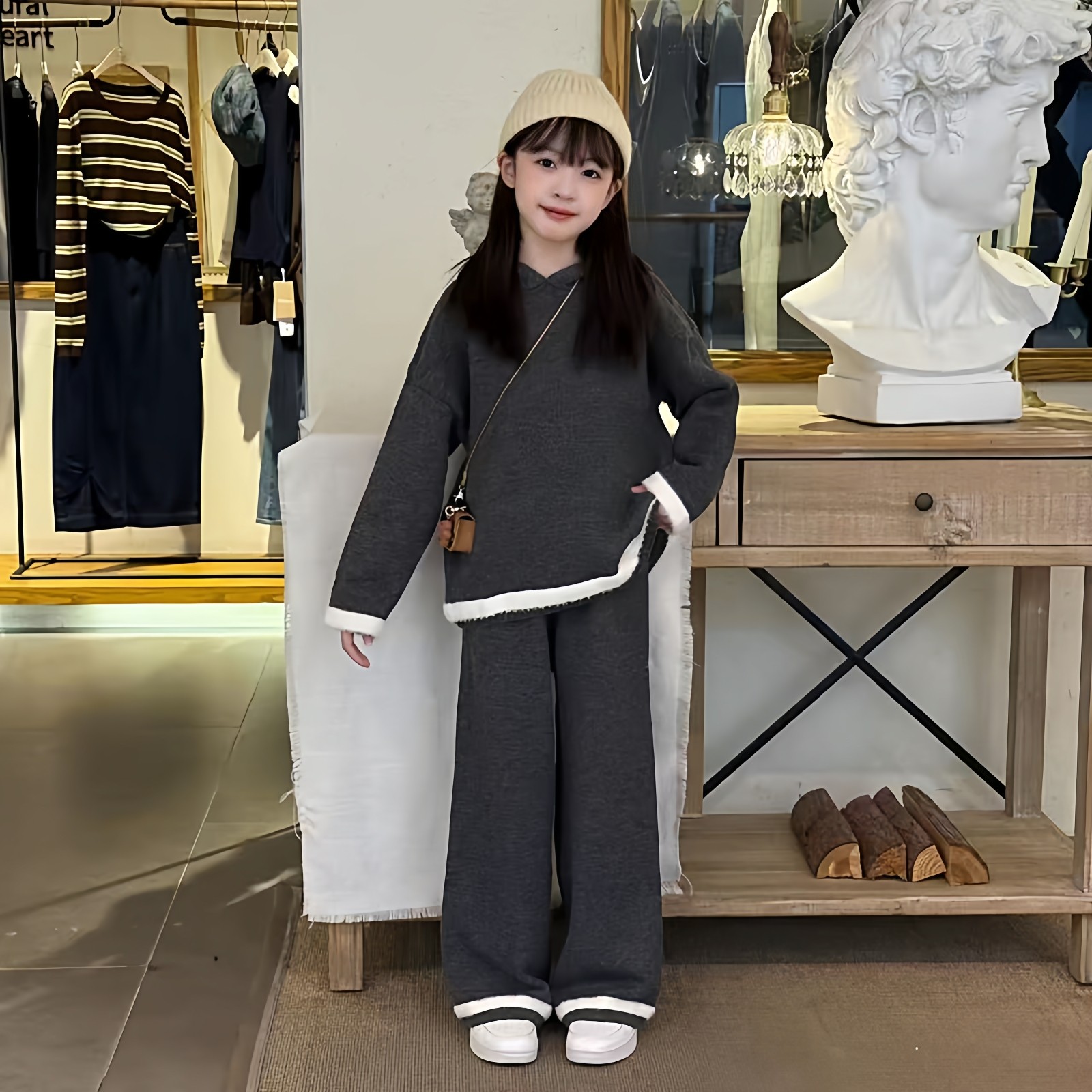 女童秋冬韩系穿搭加厚慵懒风软糯高级感连帽毛衣阔腿裤保暖套装潮