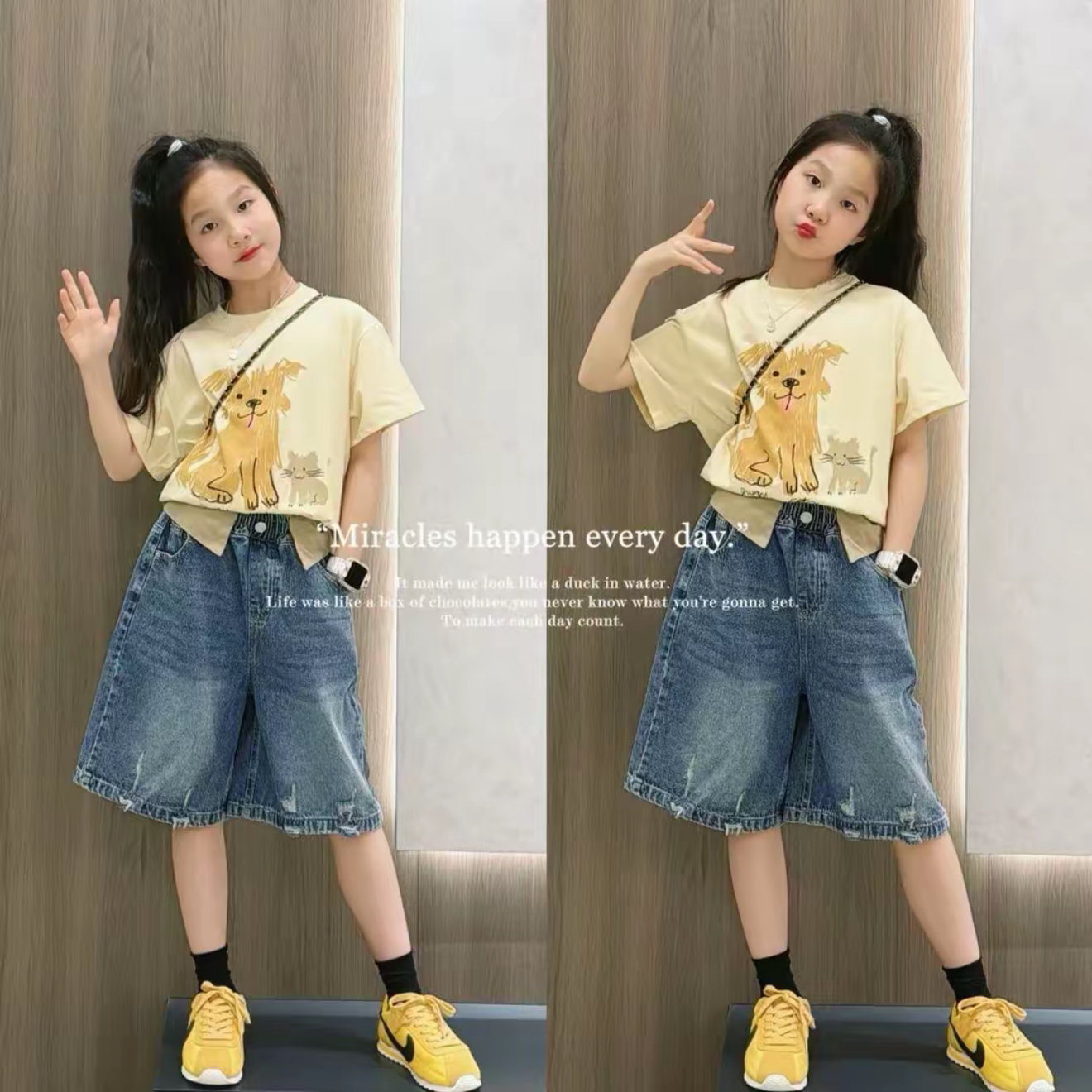 女童可爱小狗印花短袖中裤套装