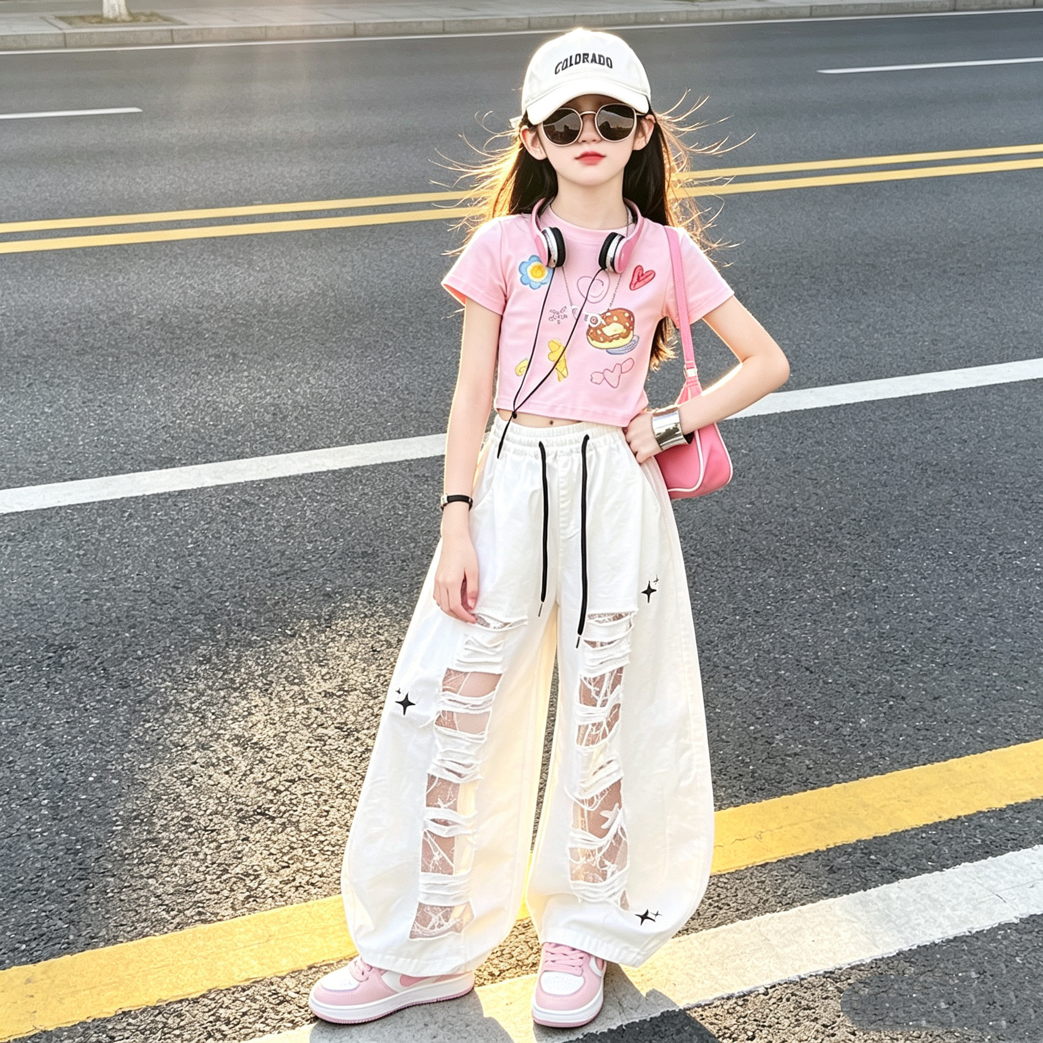 女童印花短袖阔腿裤套装