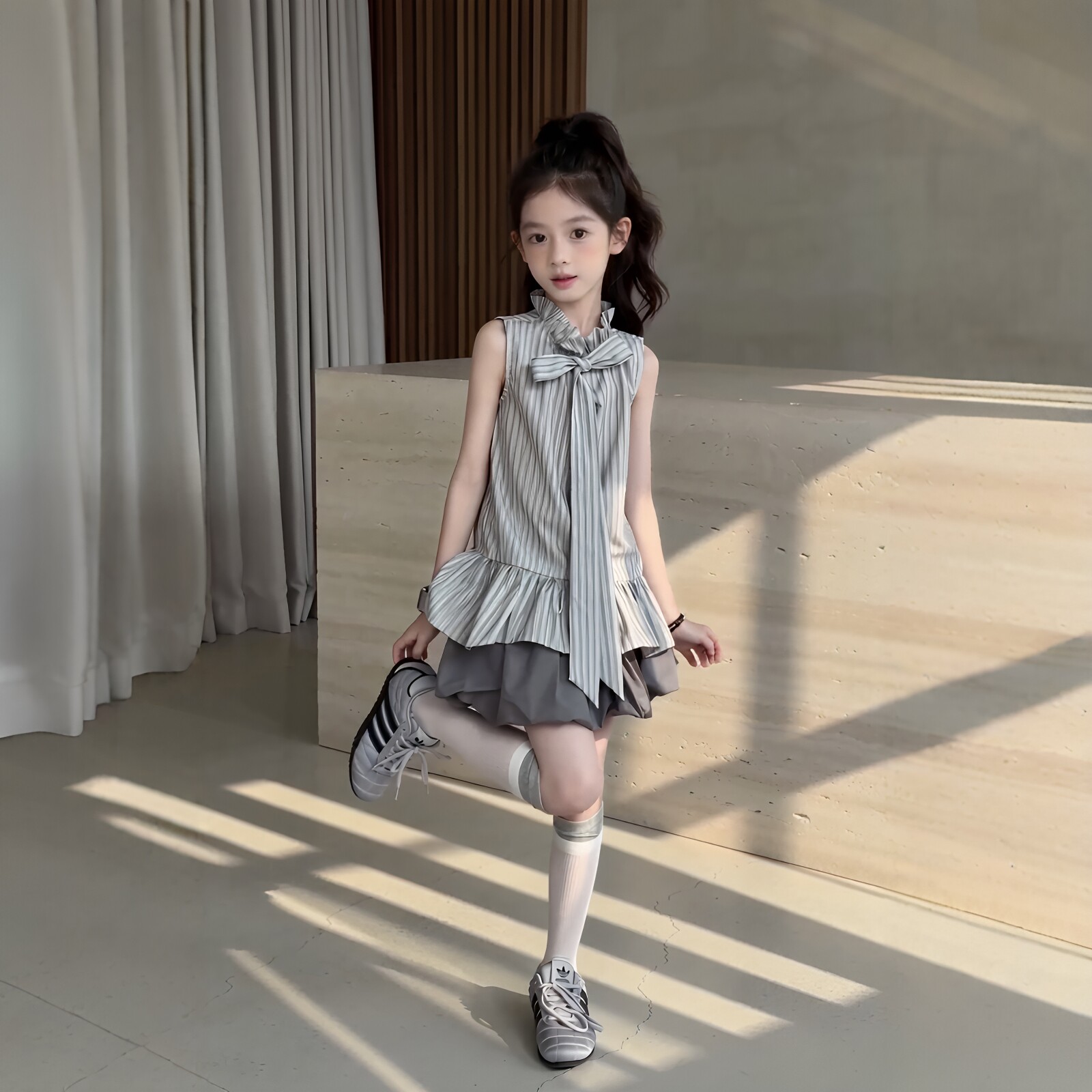 女童蝴蝶结无袖衬衫花苞短裙套装
