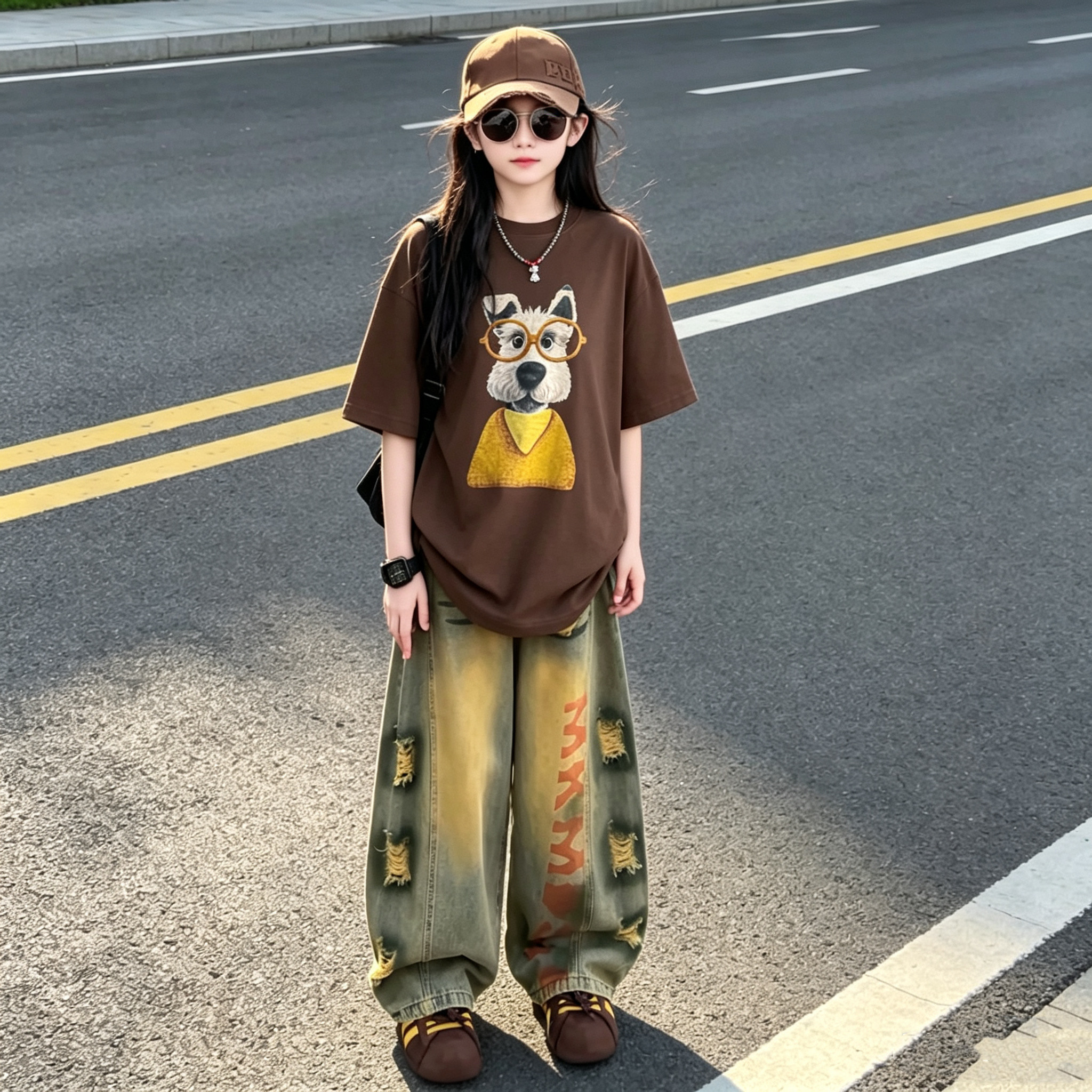 女童卡通宽松短袖破洞弯刀裤套装