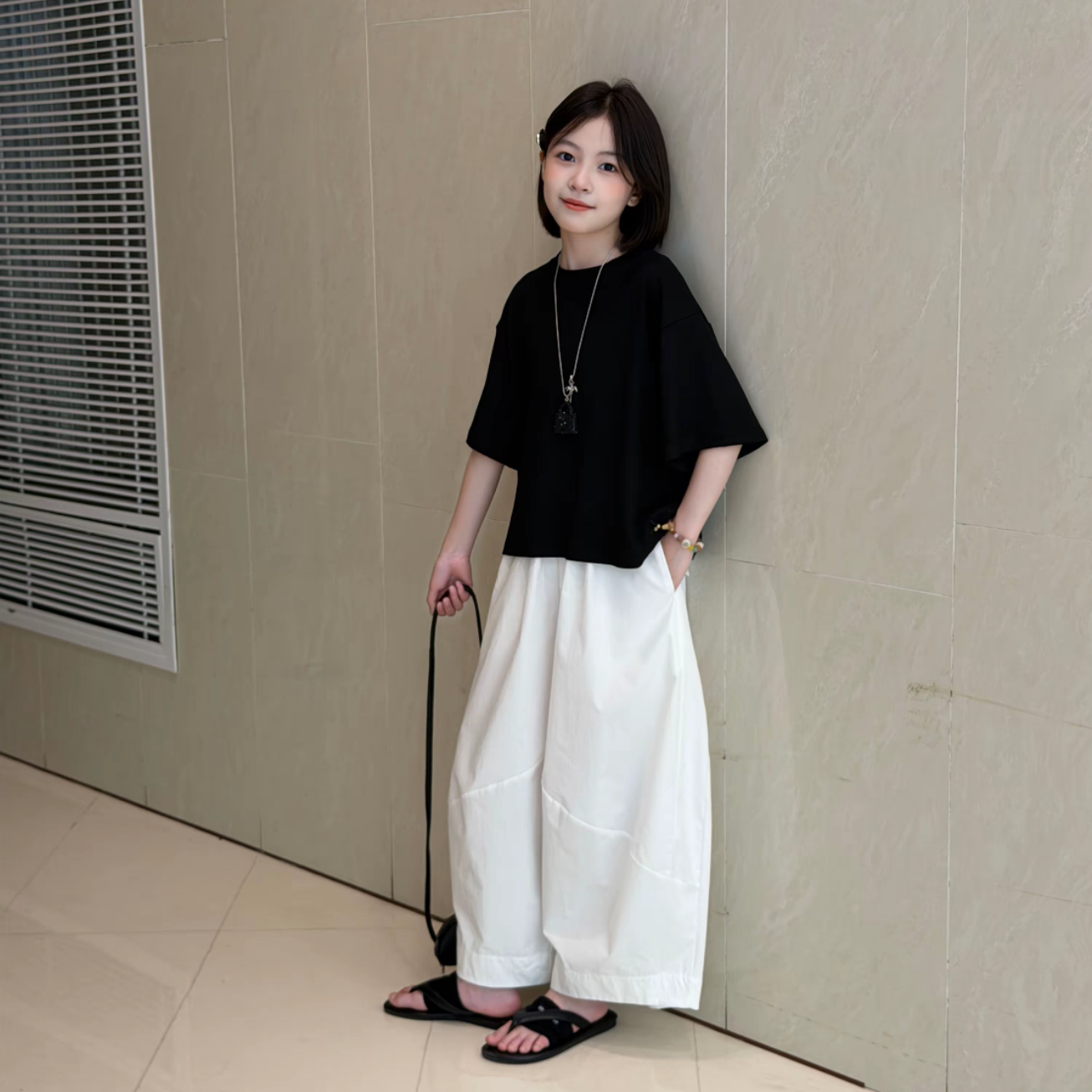 女童夏装灯笼裤套装2026新款洋气休闲中大童短袖T恤阔腿裤两件潮