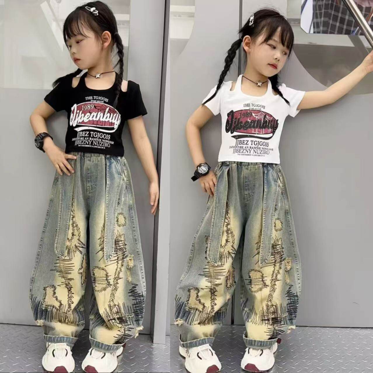 女童夏季潮酷美式字母辣妹露肩短袖个性破洞设计感牛仔老爹裤套装