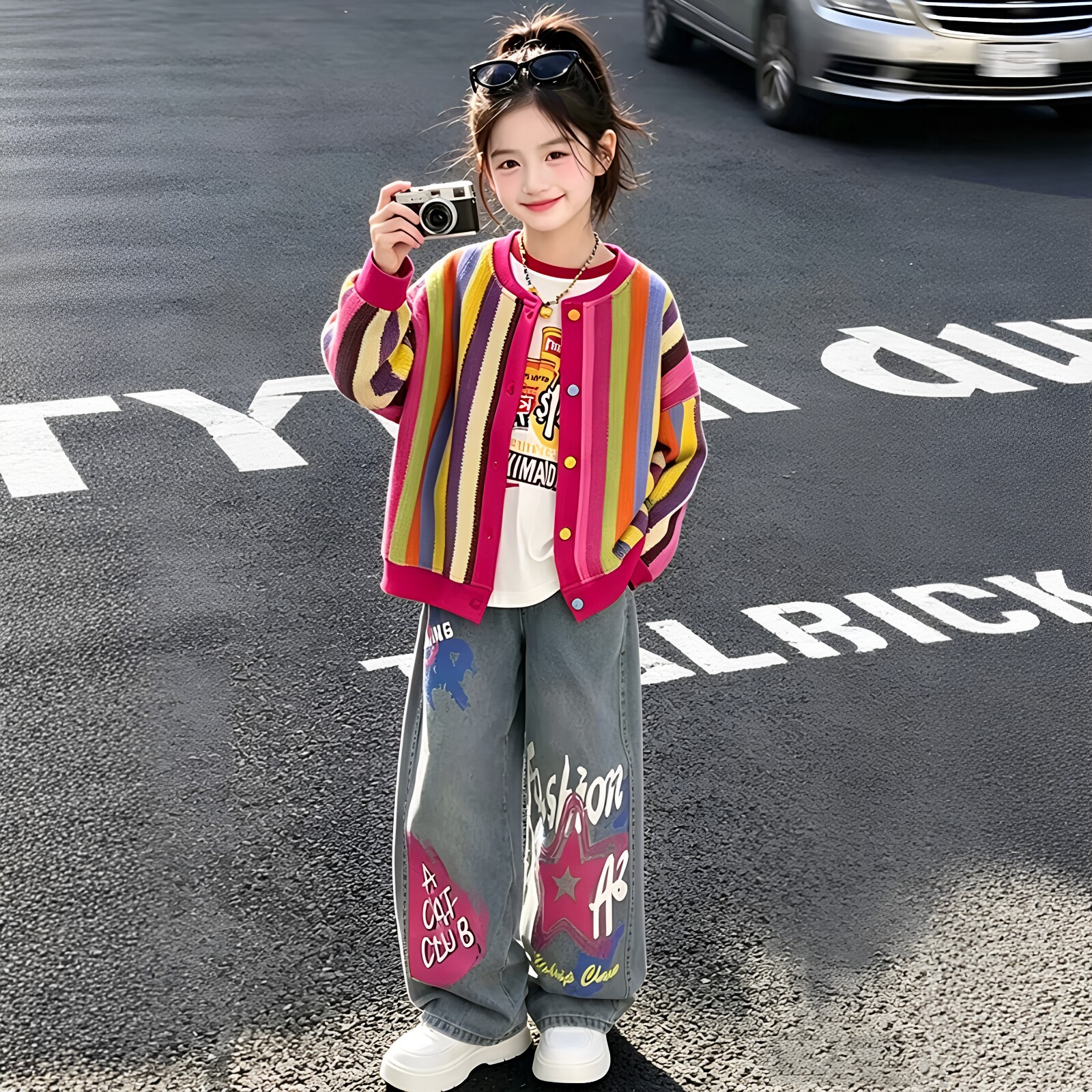 女童条纹棒球服开衫牛仔裤套装