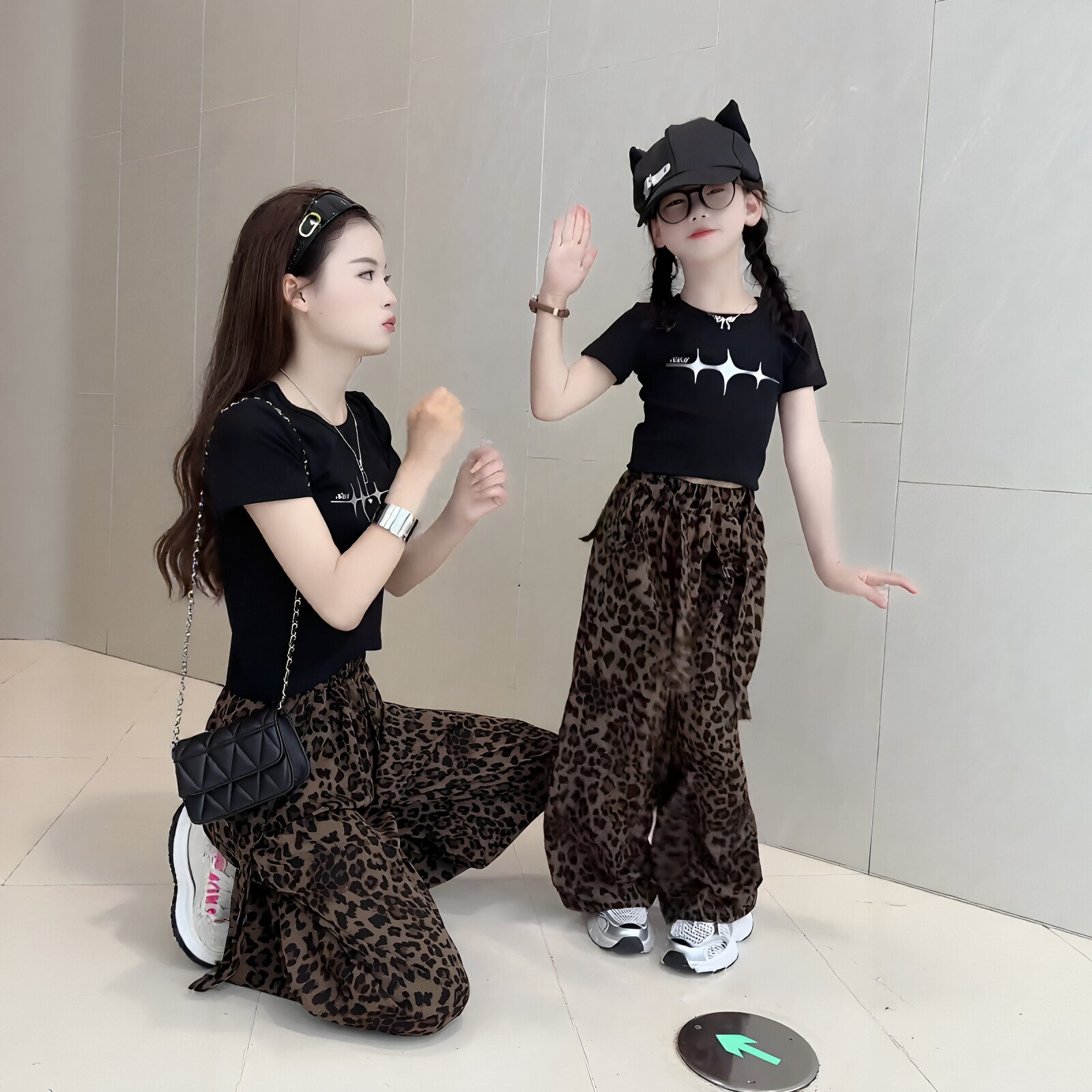 女童复古豹纹阔腿裤短袖套装