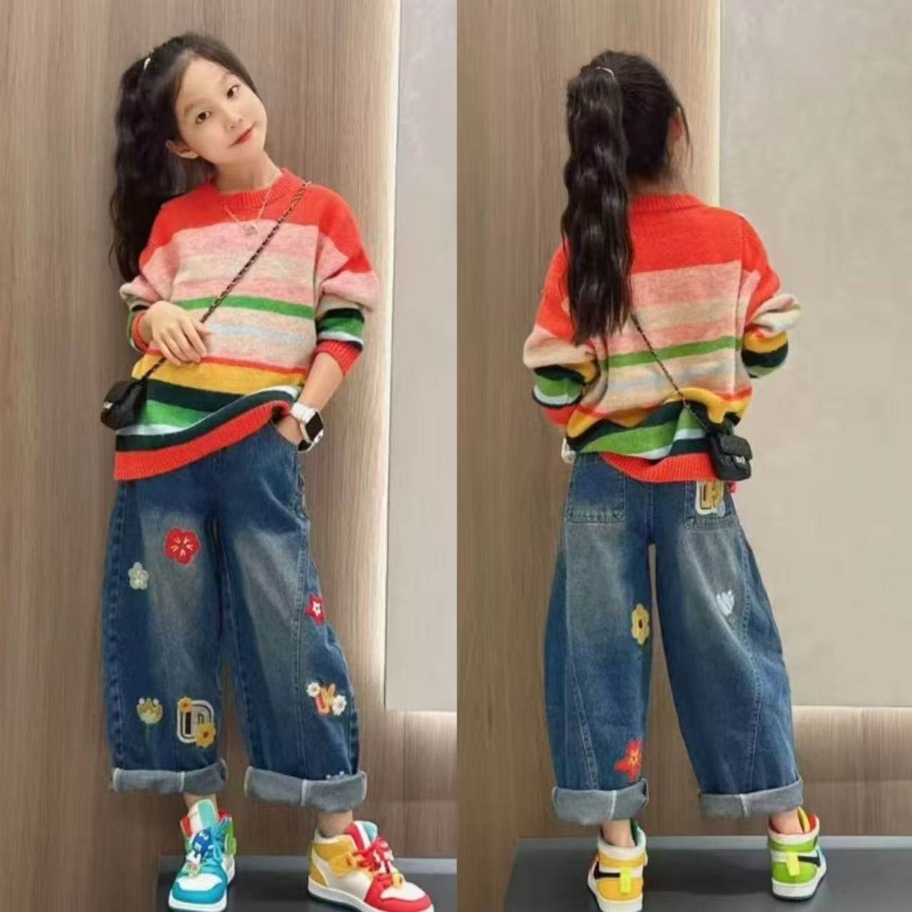 女童彩虹条纹毛衣牛仔弯刀裤套装