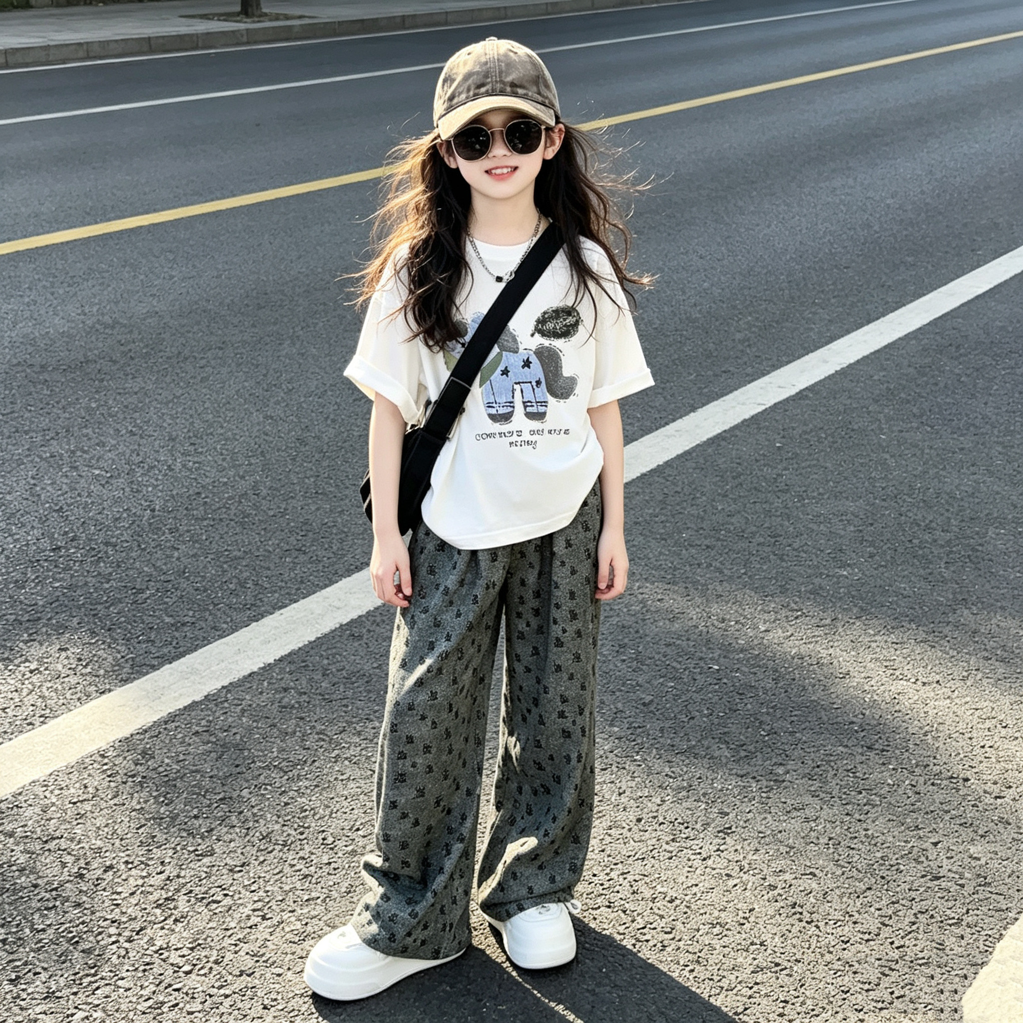 女童小马印花短袖阔腿裤套装