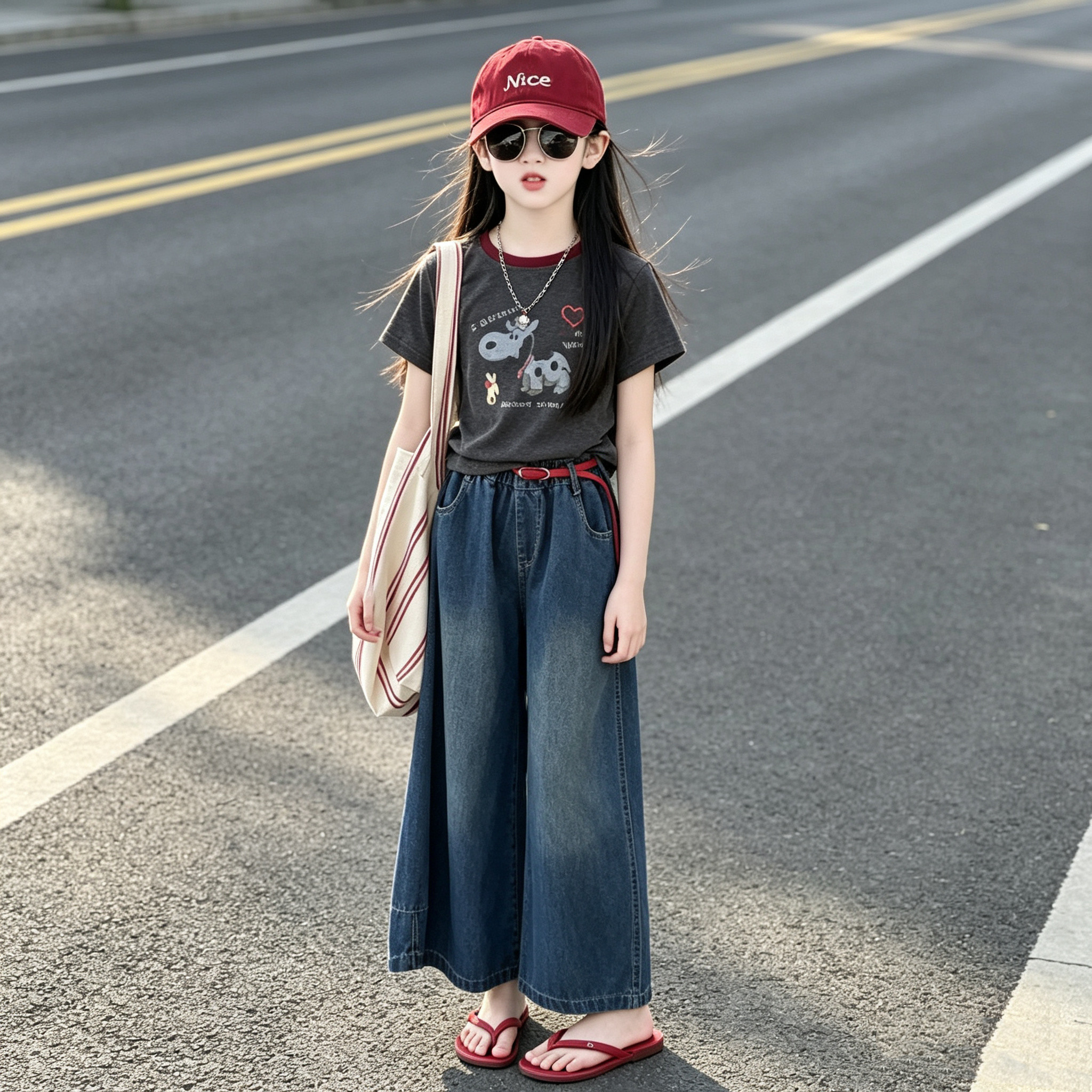 女童夏季时髦短袖套装初中生复古牛仔阔腿九分裤卡通T恤两件套潮8