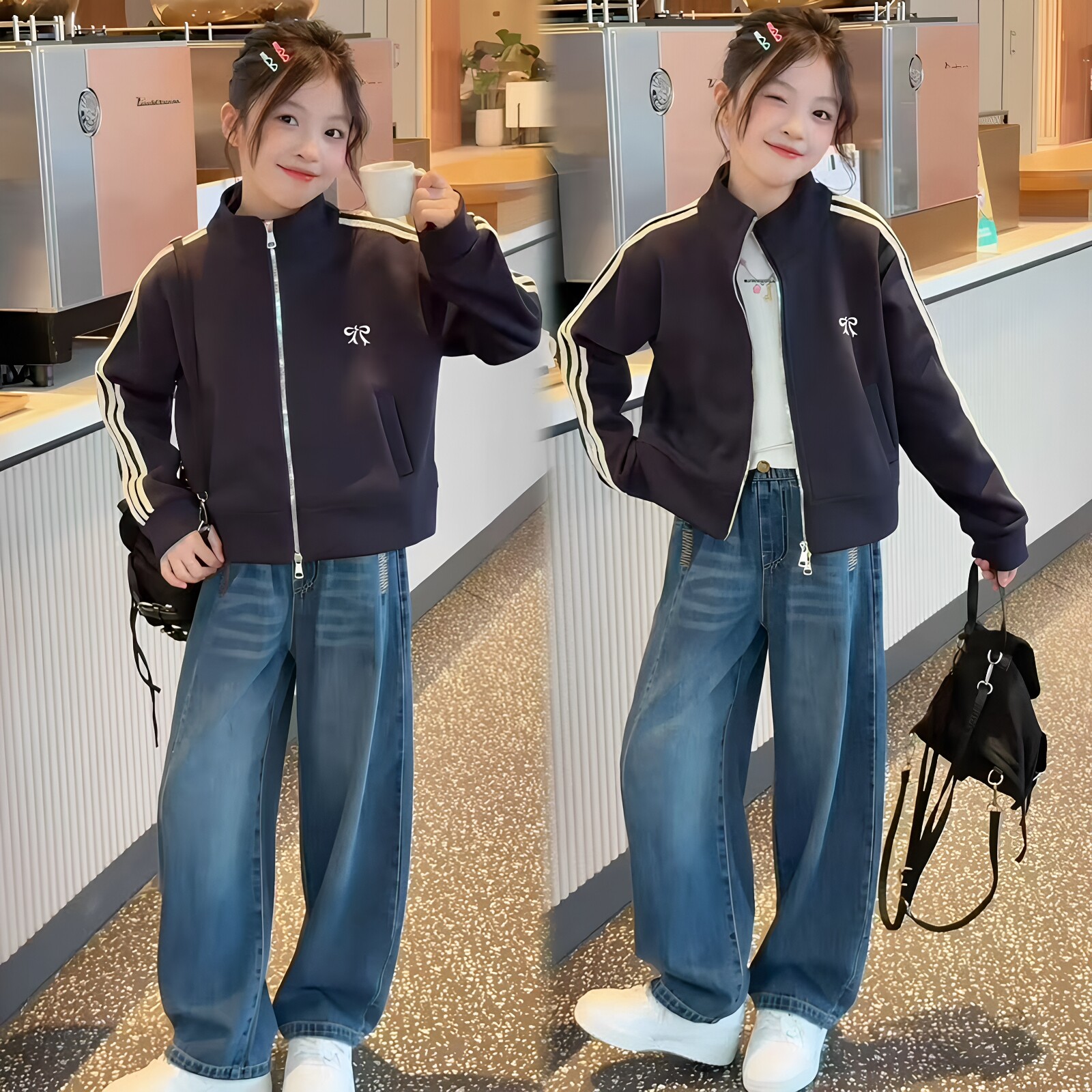 女童秋季藏蓝色立领拉链外套