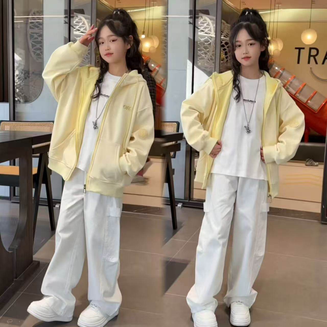 春秋女童休闲外套初中生韩系简约学院风时尚连帽卫衣拉链开衫潮范