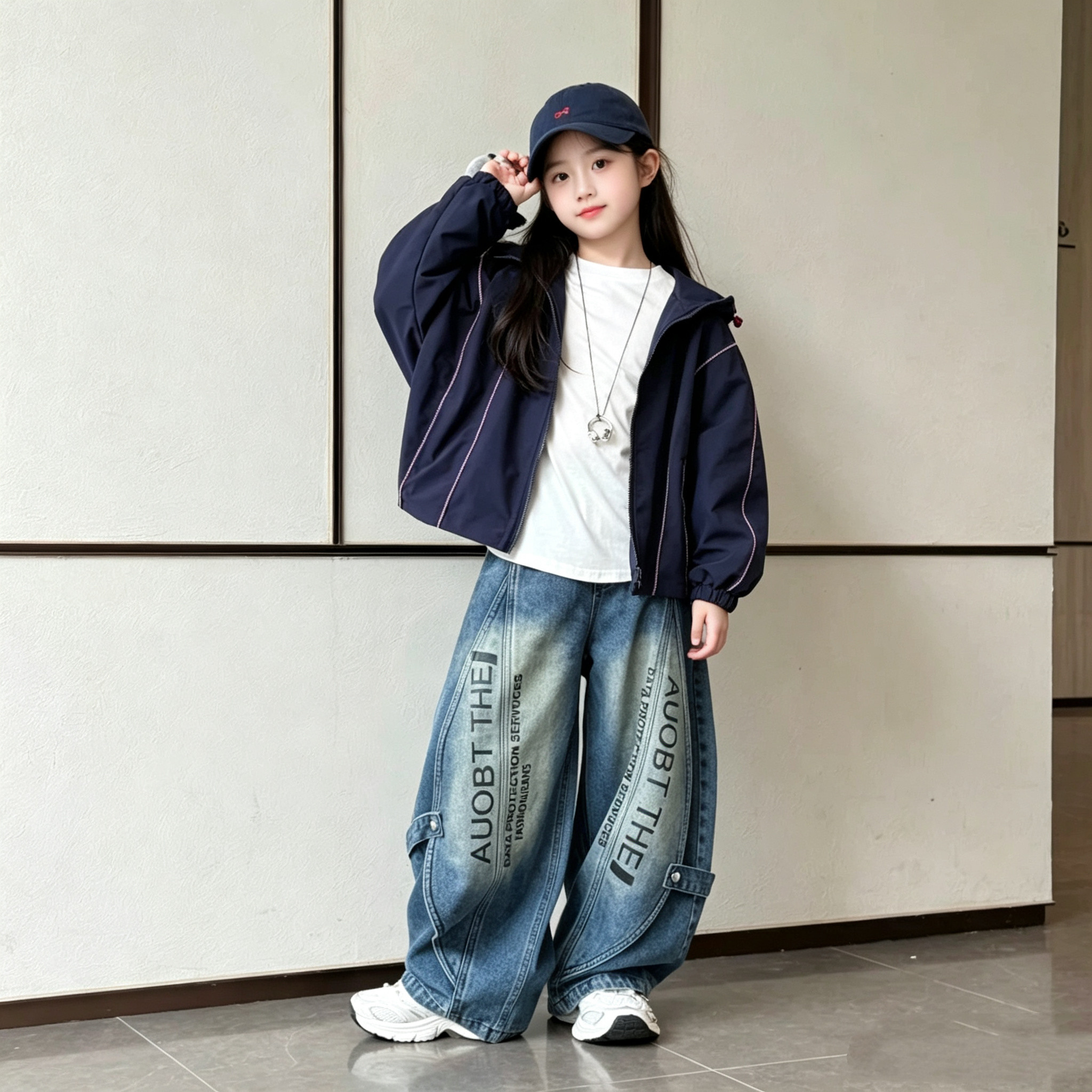 女童撞色条连帽外套弯刀裤套装