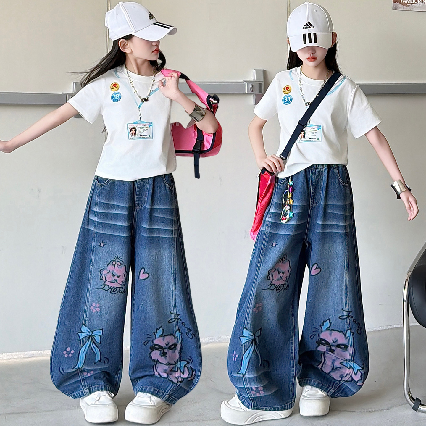 女童工牌印花短袖小狗牛仔裤套装