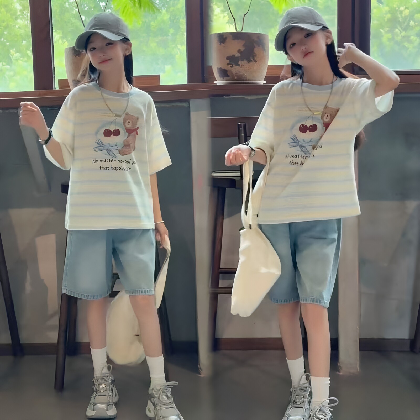 女童夏季韩版条纹卡通小熊短袖百搭薄款牛仔短裤初中生休闲套装潮