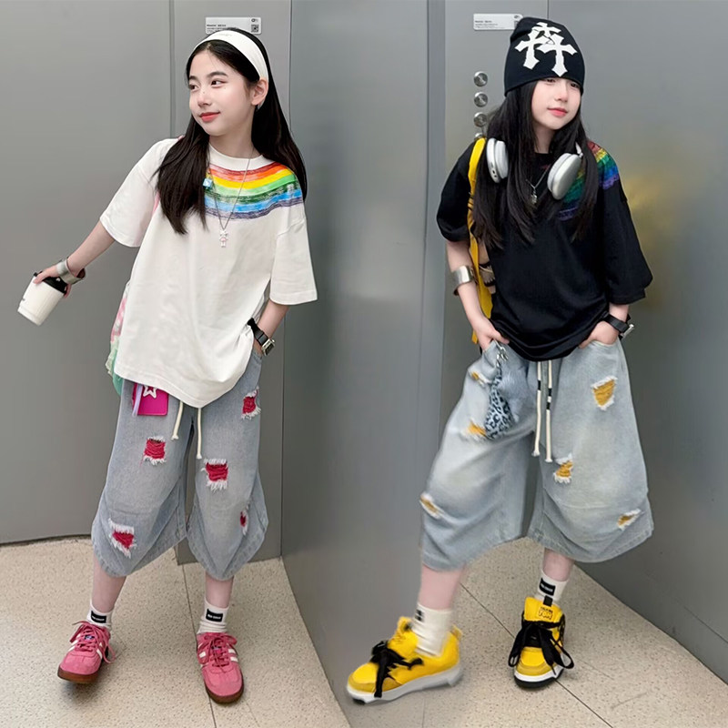 女童彩虹涂鸦短袖牛仔七分裤套装