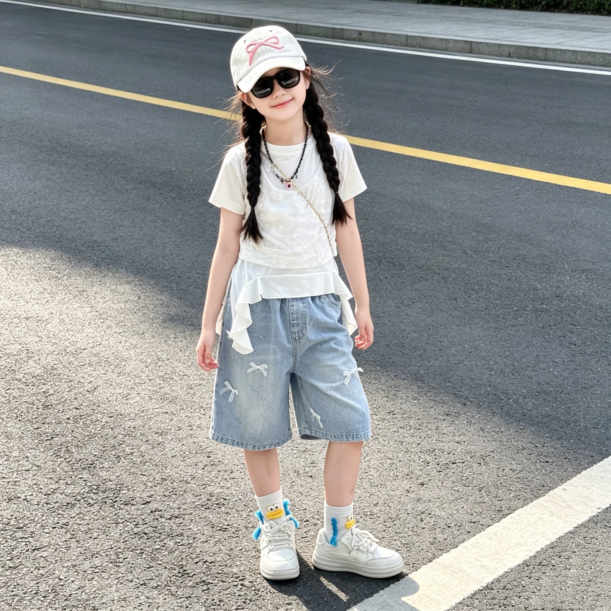 女童甜美蕾丝假两件短袖中裤套装