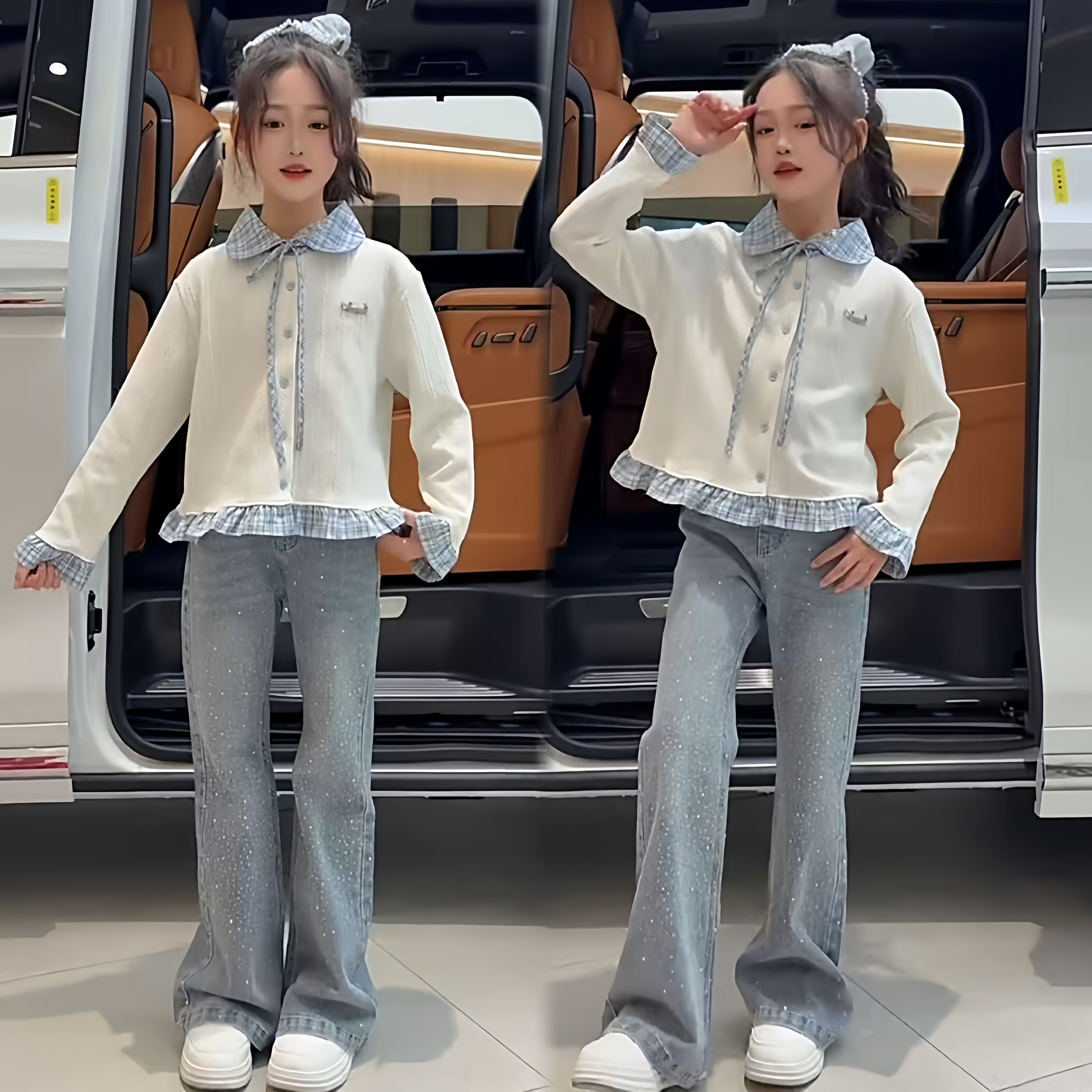 女童厂家韩系甜美学院风翻领卫衣满天星烫钻牛仔喇叭裤洋气套装潮