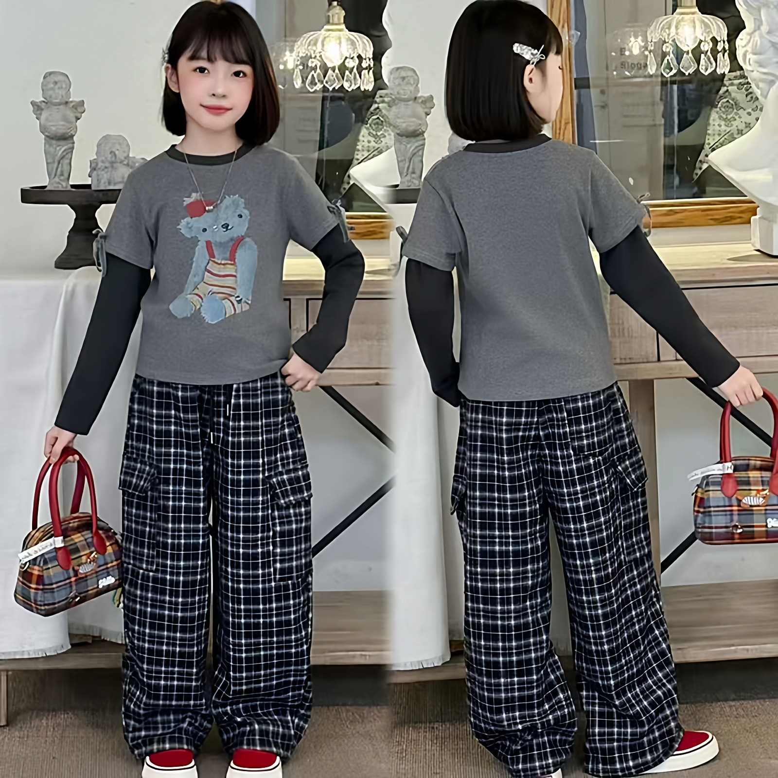 女童秋季设计感假两件拼接卡通打底衫韩版百搭加厚格子工装裤套装