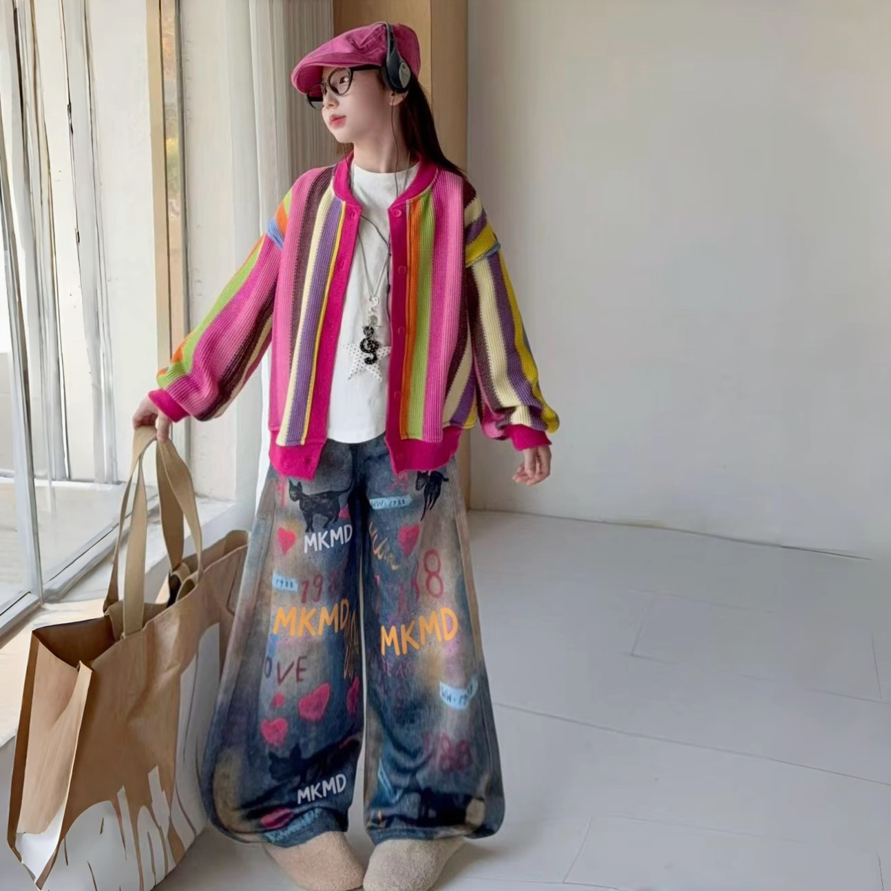 女童彩色条纹外套弯刀裤套装