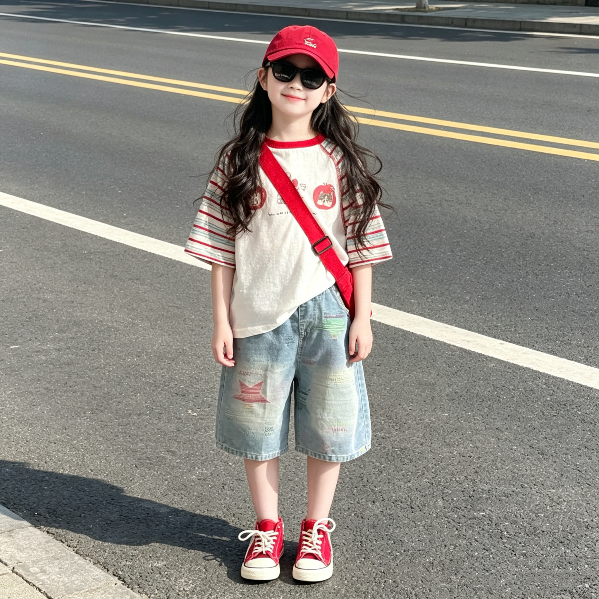 女童条纹插肩T恤五角星中裤套装
