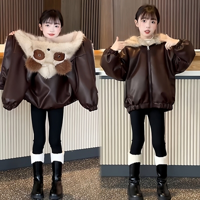 女童加绒连帽皮衣外套冬季
