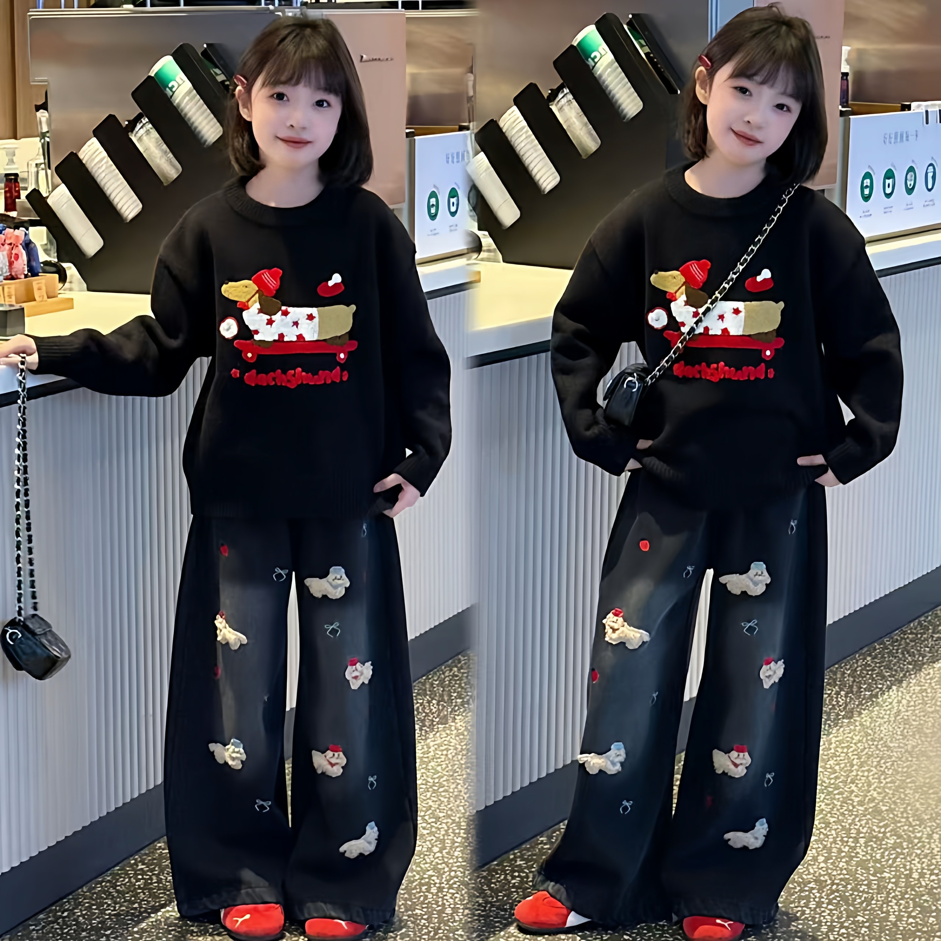 小狗刺绣圆领女童加厚套头毛衣重工一体绒牛仔阔腿裤休闲套装潮酷