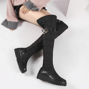厚底过膝靴平底雪地靴圆头侧拉链加绒保暖长筒棉靴冬季大码女靴子