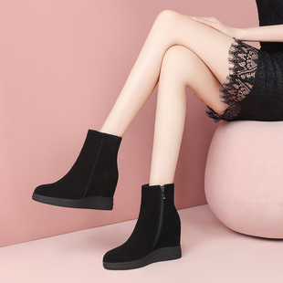 女短靴内增高坡跟女靴真皮圆头侧拉链高跟女士靴子牛翻皮短筒单靴