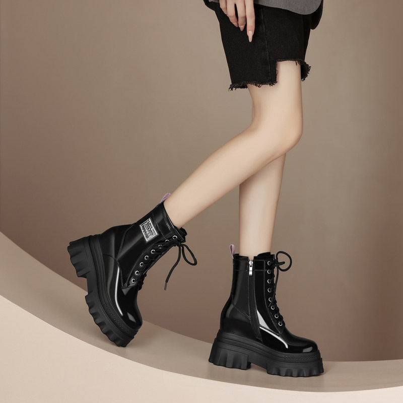 内增高女短靴厚底马丁靴真皮圆头侧拉链短筒单靴小个子松糕底女靴