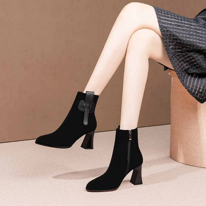 高跟女短靴粗跟尖头短筒女士及踝靴秋冬款真皮侧拉链羊反绒女靴子