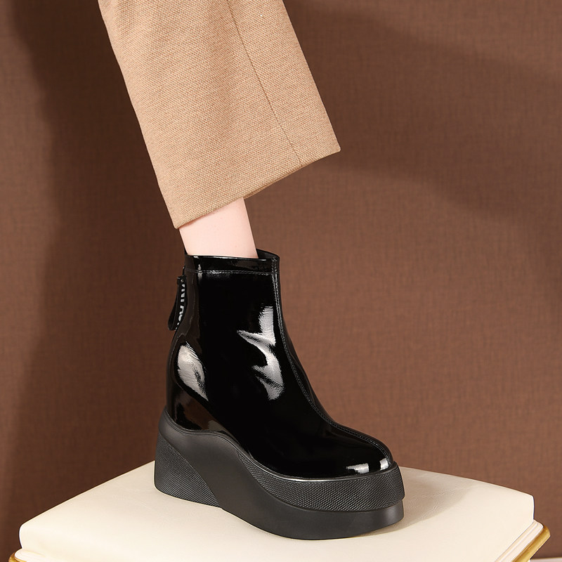 内增高女短靴厚底马丁靴真皮圆头侧拉链短筒单靴松糕底高跟女靴子