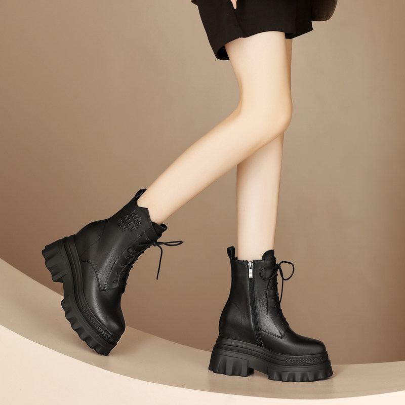 内增高女短靴厚底马丁靴真皮圆头侧拉链短筒小皮靴小个子高跟女靴
