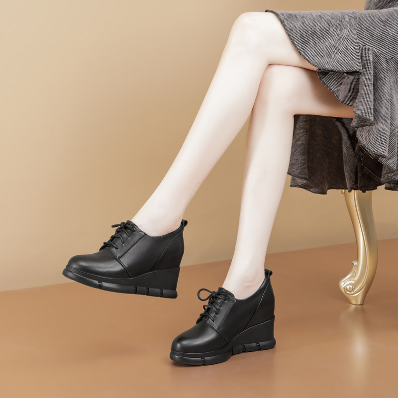 坡跟女单鞋内增高厚底女士皮鞋真皮圆头系带休闲百搭牛皮高跟女鞋