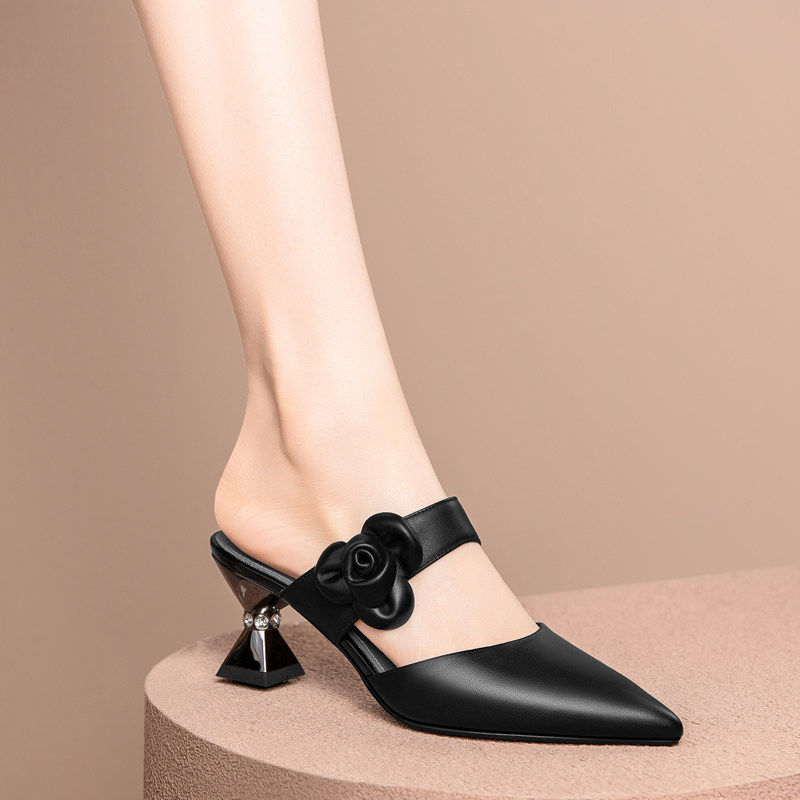 高跟女士拖鞋包头尖头粗跟凉拖外穿真皮一字拖凉鞋牛皮半拖女鞋子