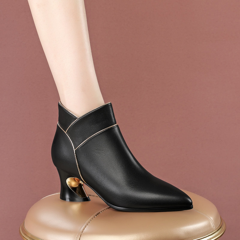 5.5cm中高跟女短靴及踝靴尖头粗跟真皮侧拉链女士单靴百搭女靴子