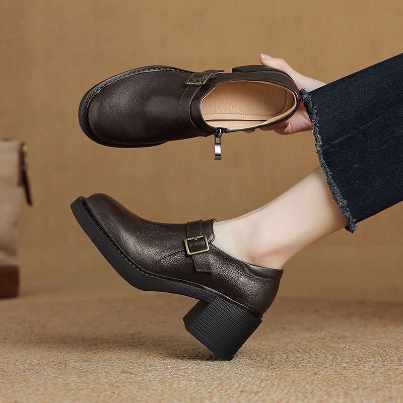 6CM高跟鞋大码女鞋子真皮圆头粗跟侧拉链女士皮鞋复古羊皮女单鞋