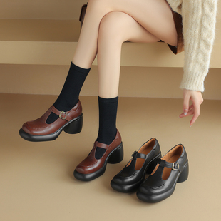 高跟鞋粗跟女单鞋真皮方头女士玛丽珍小皮鞋韩版学院风牛皮女鞋子