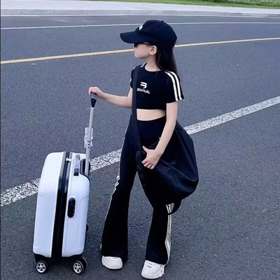 少儿形体训练服女童模特走秀套装新款喇叭裤爵士舞服装短袖考级T