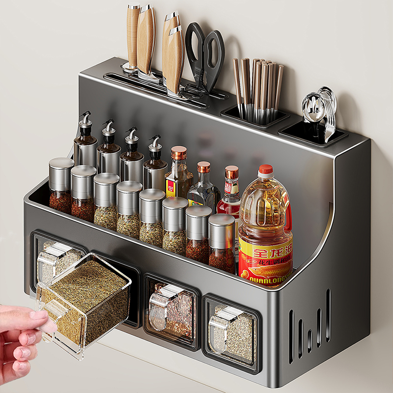 厨房不锈钢置物架调料架多功能壁挂刀架调味墙上家用收纳架子挂架