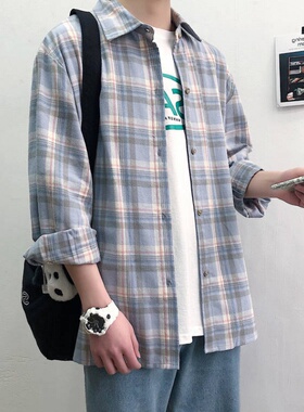 ins男装春秋日系磨毛长袖衬衫男士潮流文艺格子衬衣外套宽松寸衫