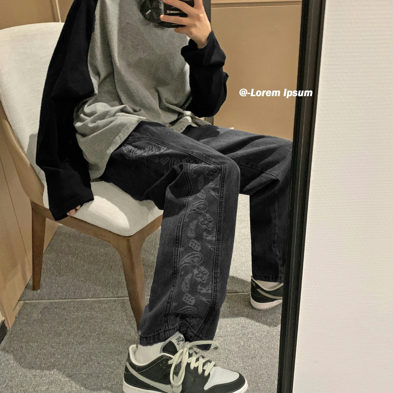 腰果花裤子男春季潮流百搭ins港风韩版阔腿牛仔裤宽松直筒九分裤