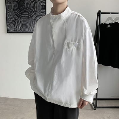 日系冷淡风立领长袖衬衫男港风纯色宽松设计感休闲打底套头衬衣潮