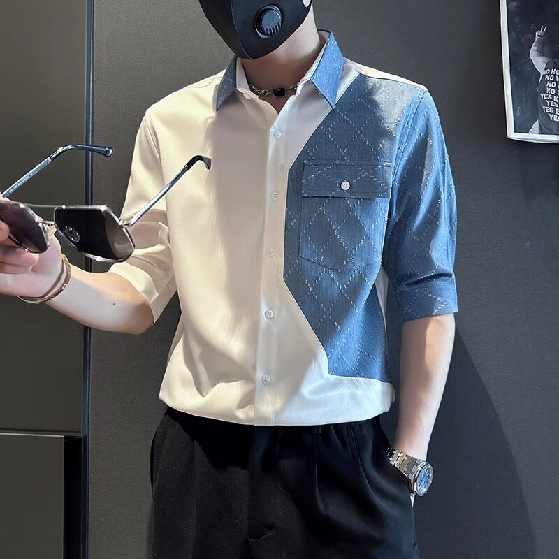 夏季衬衫男装拼接牛仔口袋五分袖男衬衣潮牌中袖2023新款潮流半袖