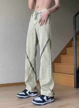 拉链牛仔裤男款夏季薄款oversize阔腿裤痞帅美式高街宽松复古裤子