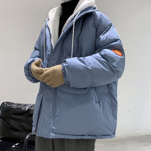 冬季假两件棉衣男加厚宽松韩版潮流帅气学生连帽外套羽绒面包服潮