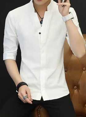 男士中国风纯棉长袖衬衣韩版修身立领七分袖寸衫夏季休闲复古唐装