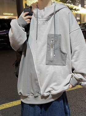 欧美hiphop卫衣男款秋冬高街大码加绒宽松重磅连帽外套潮ins潮牌