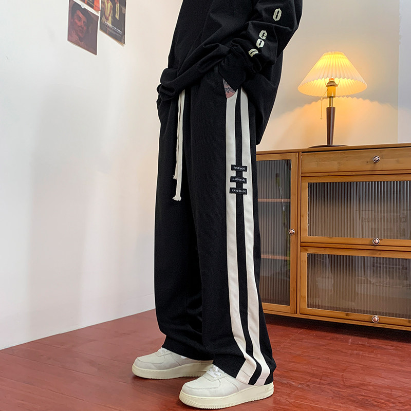 华夫格裤子男春秋oversize拼接条纹抽绳休闲裤chic灰色运动阔腿裤